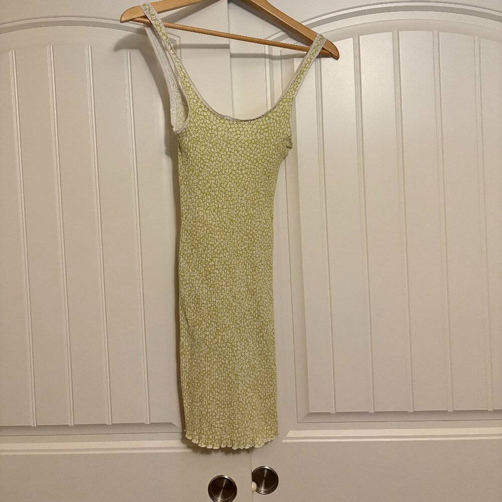 Billabong Sun Dress Small Green White Ditsy Floral Print Ribbed Sleeveless Lace